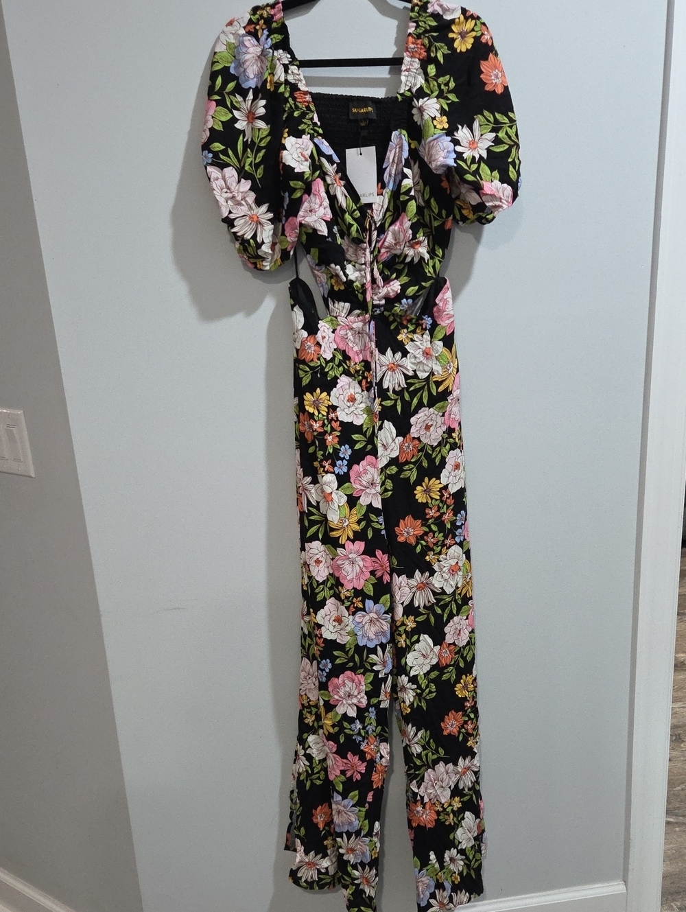 Sugarlips Black Floral Puff-Sleeve Wide-Leg Jumpsuit SzL New With Tags